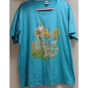 VTG 90s EZL Puff Paint Cat Lady Tee Blue 2XL Artsy Whimsical Grandmacore Y2K